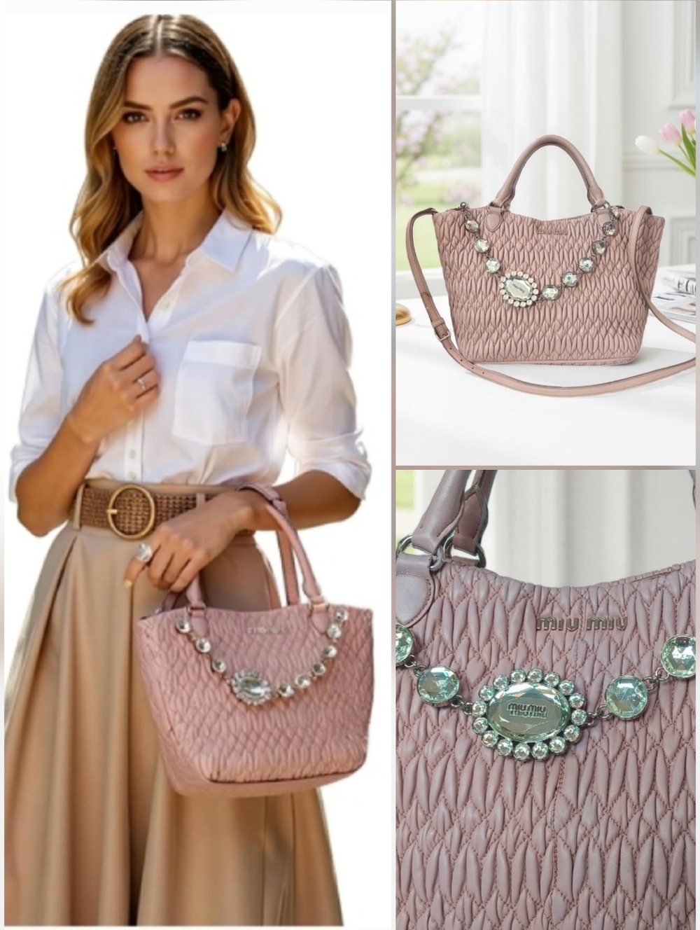 Miu Miu Nappa Matelassé Swarovski Crystal Tote Cammeo Pink EUC ✨